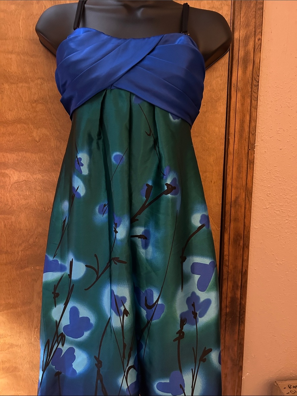 Blue & Green Floral Satin Spaghetti-Strap Dress - Homecoming